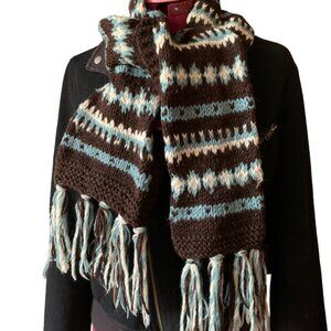 Winter knitted Scarf and Mittens - brown and sky blue